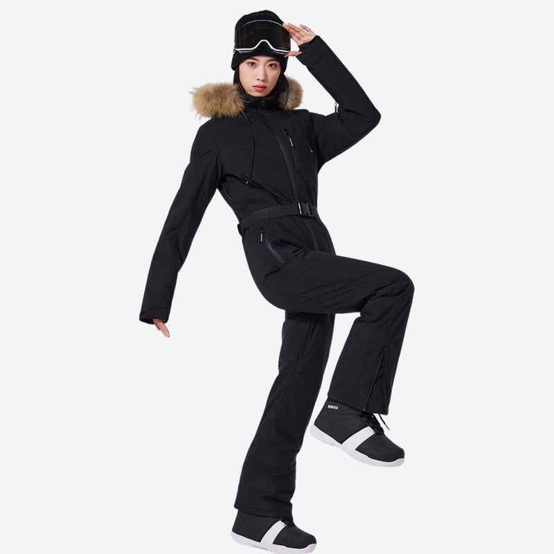 Women's one-piece snowboard suit with waist belt - black one-piece snow suit, for resort and backcountry days