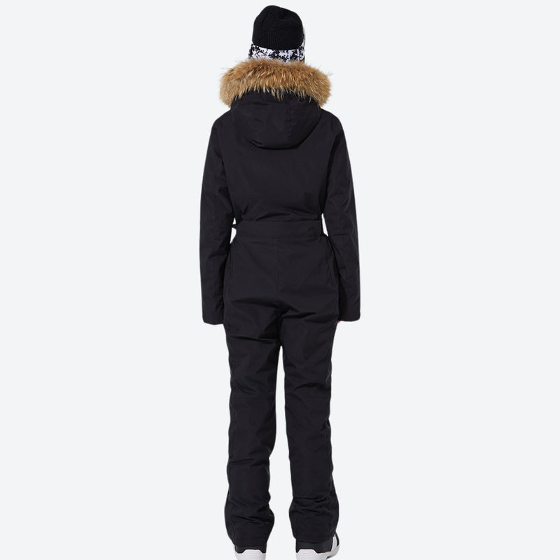 Women's breathable 3-layer jumpsuit with fur hood - black one-piece snow suit, for cold-weather winter sports