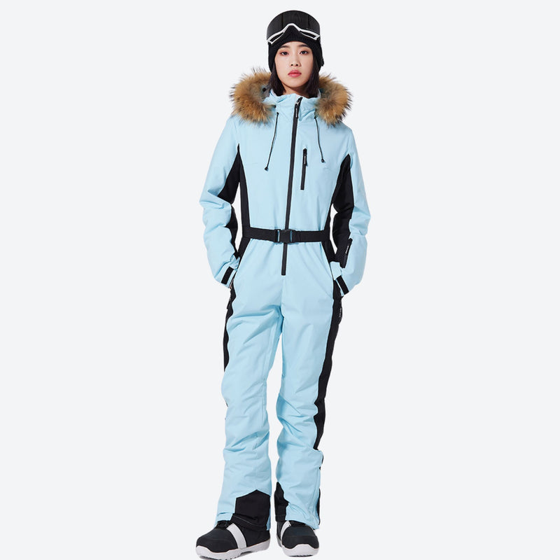 Women's breathable 3-layer jumpsuit with fur hood - ice blue one-piece snow suit with fur hood, on-model front view