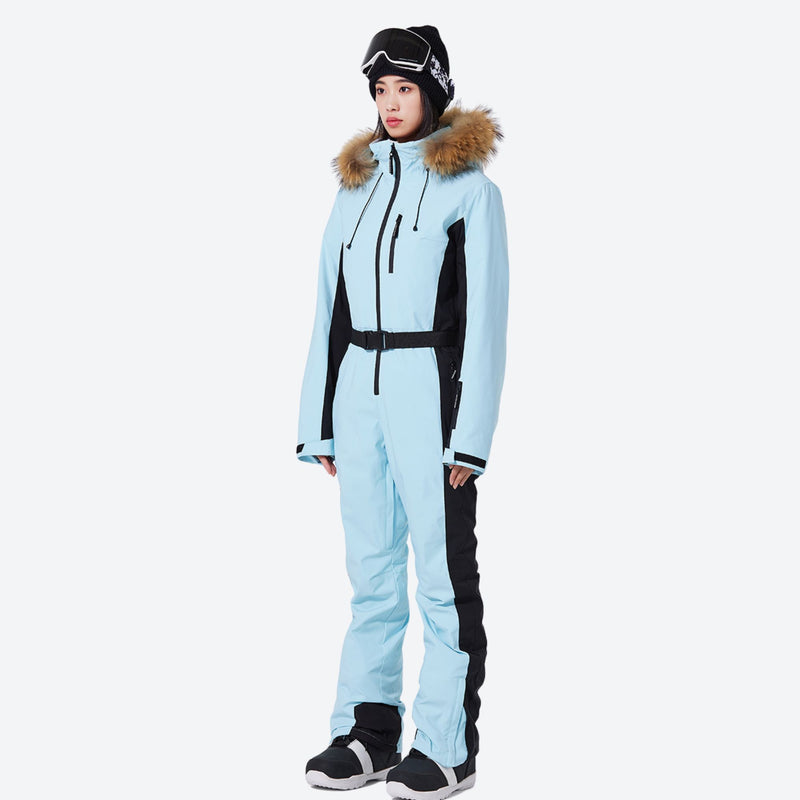 Women's one-piece snowboard suit with waist belt - ice blue one-piece snow suit, for powder and piste riding