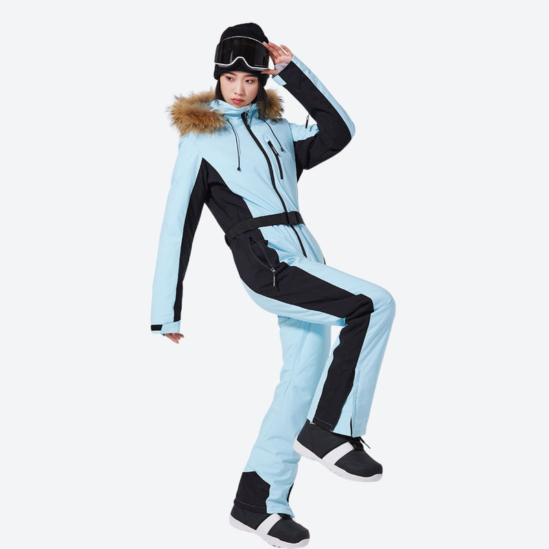 Women's breathable 3-layer jumpsuit with fur hood - ice blue one-piece snow suit, for skiing and snowboarding