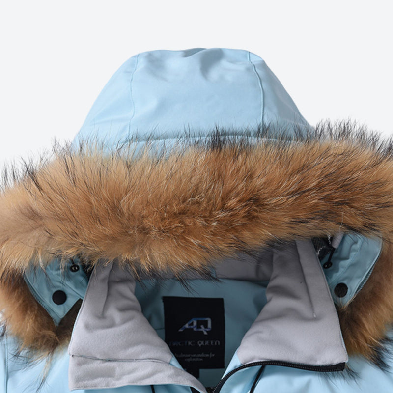 Women's waterproof 3L one-piece snow suit - ice blue, fur hood close-up detail, for powder and piste riding