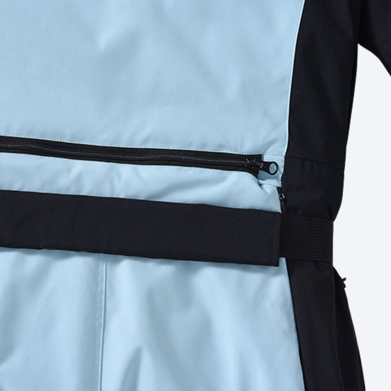 Women's breathable 3-layer jumpsuit with fur hood - ice blue, waist belt and zip close-up detail, for powder and piste riding