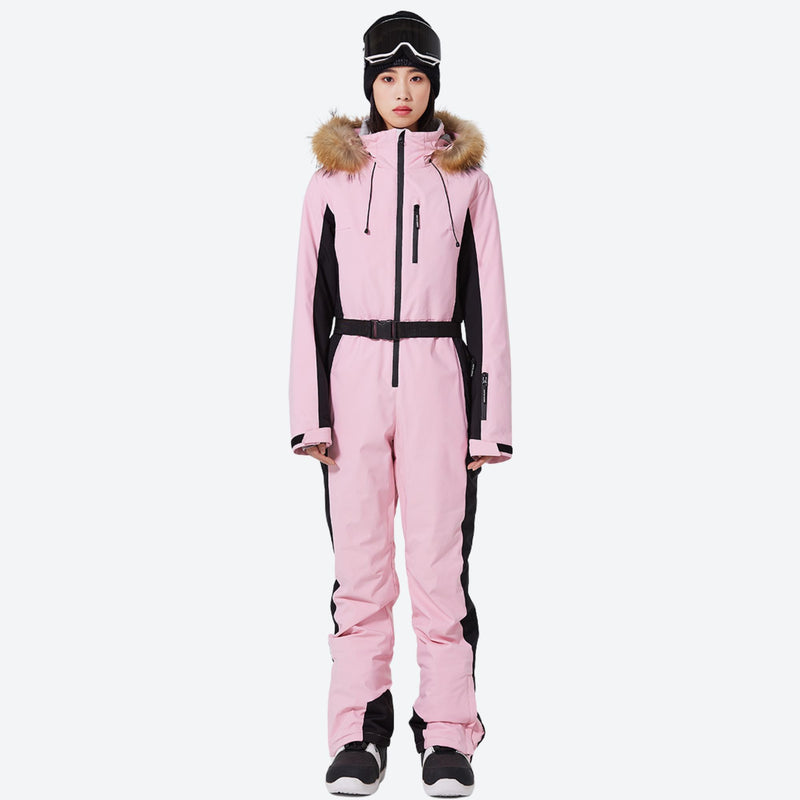 Women's waterproof 3L one-piece snow suit - pink one-piece snow suit with fur hood, for resort and backcountry days