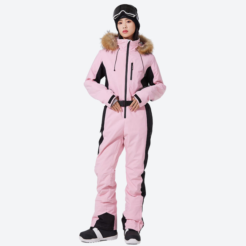Women's breathable 3-layer jumpsuit with fur hood - pink one-piece snow suit, for powder and piste riding