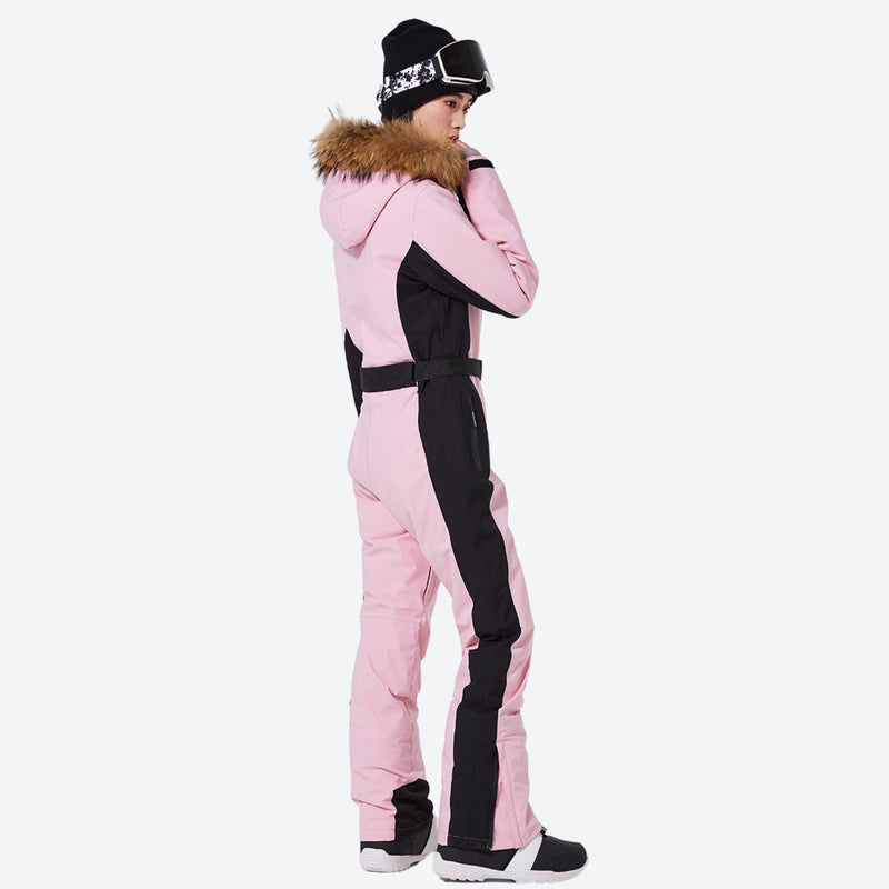 Women's one-piece snowboard suit with waist belt - pink one-piece snow suit, for cold-weather winter sports
