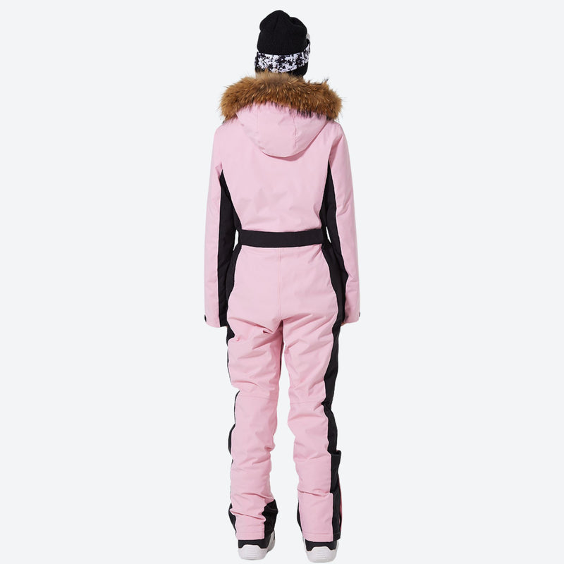 Women's waterproof 3L one-piece snow suit - pink one-piece snow suit, on-model back view, for skiing and snowboarding