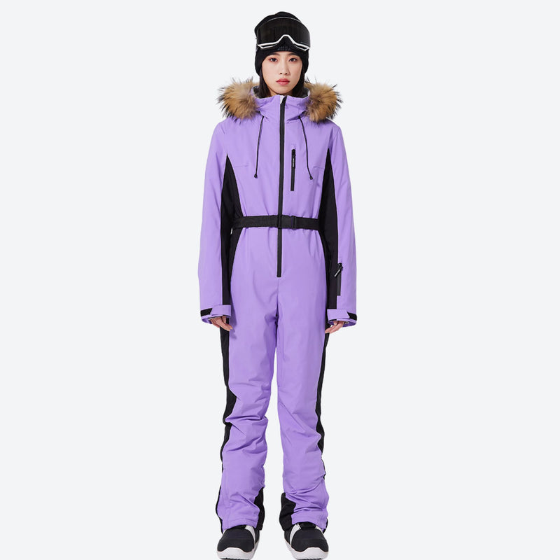 Women's one-piece snowboard suit with waist belt - purple one-piece snow suit, for skiing and snowboarding