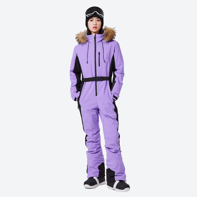 Women's breathable 3-layer jumpsuit with fur hood - purple one-piece snow suit with fur hood, for skiing and snowboarding