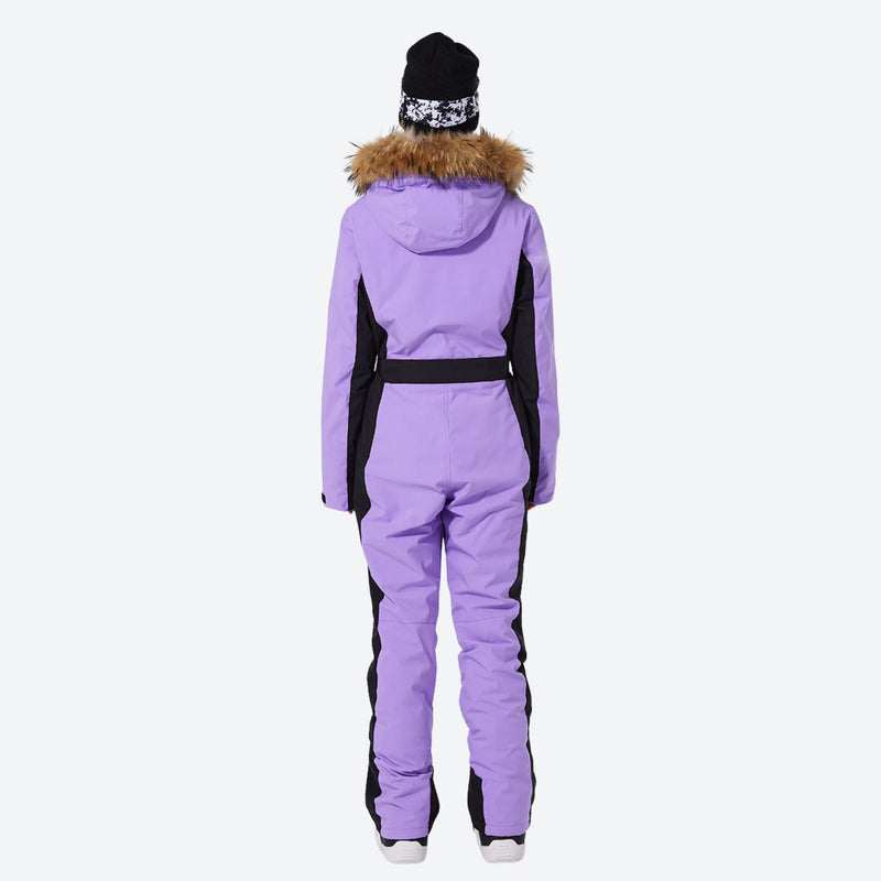 Women's breathable 3-layer jumpsuit with fur hood - purple one-piece snow suit, for cold-weather winter sports