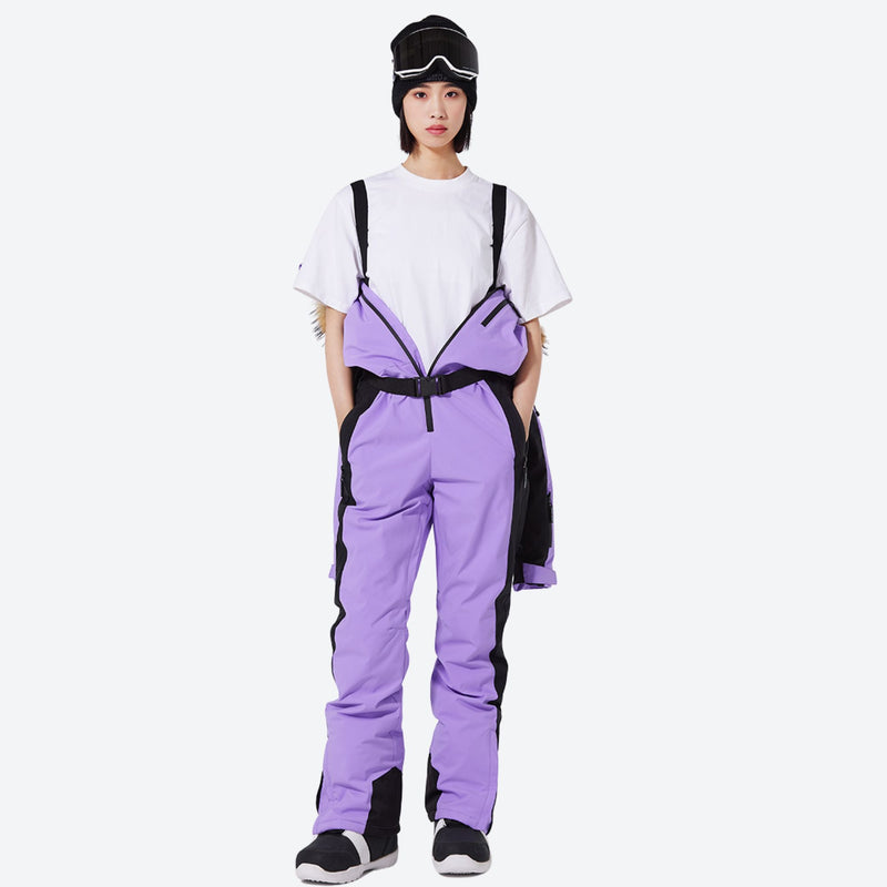 Women's one-piece snowboard suit with waist belt - purple one-piece snow suit with white tee, for resort and backcountry days