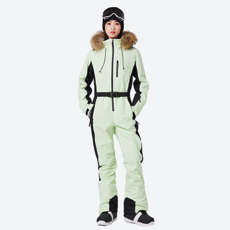 Women's breathable 3-layer jumpsuit with fur hood - sage green one-piece snow suit with fur hood, on-model front view