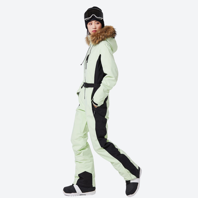 Women's waterproof 3L one-piece snow suit - sage green one-piece snow suit, for cold-weather winter sports