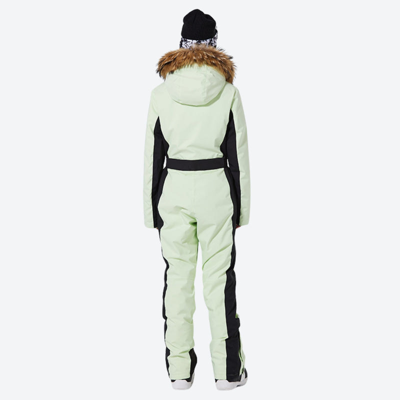 Women's one-piece snowboard suit with waist belt - sage green one-piece snow suit, for powder and piste riding