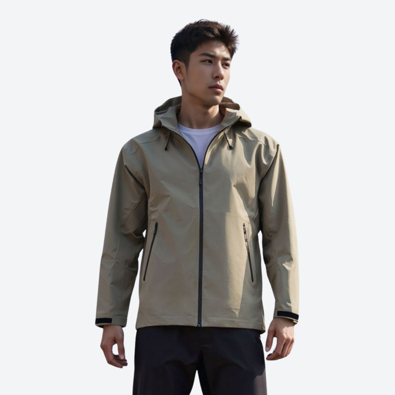 Men's 3L hardshell jacket with fully taped seams - olive hardshell jacket, on-model front view, for travel and daily commute