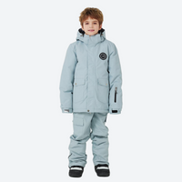 
                  
                    Kids snowboard jacket and pants with snow gaiters - light blue kids jacket with light blue pants, on-model front view
                  
                