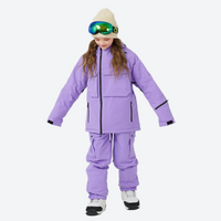 
                  
                    Kids snowboard jacket and pants with snow gaiters - lavender kids jacket with lavender pants, front view with arms out
                  
                