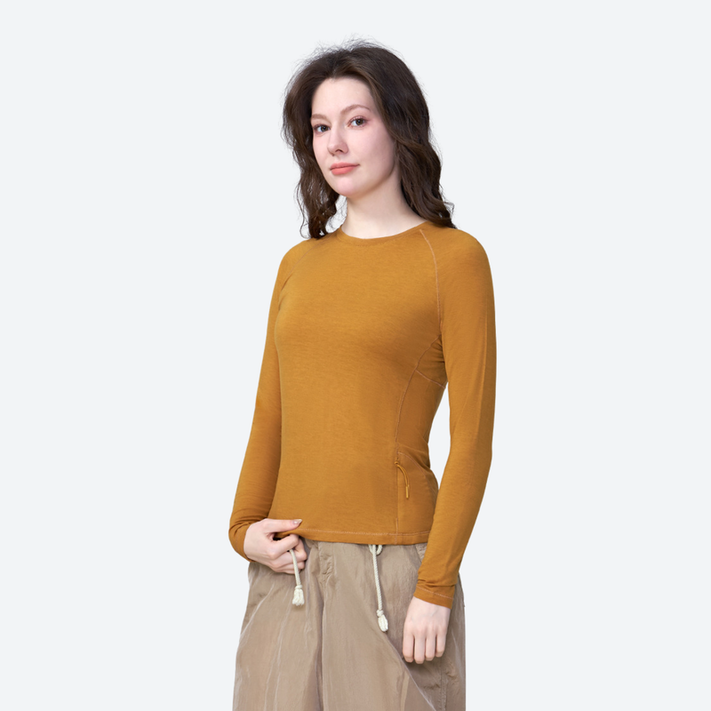 Women's seamless merino wool base layer top - mustard merino wool quick-dry long-sleeve, for travel and daily commute