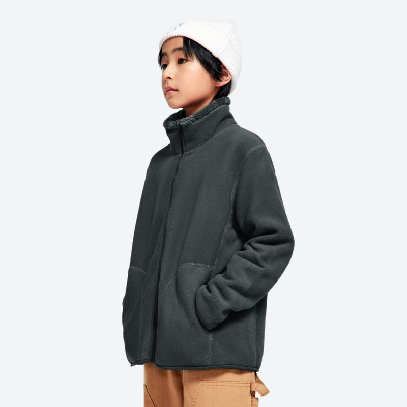 Kids' stand-collar fleece mid-layer jacket - dark gray kids fleece jacket with stand collar and beanie