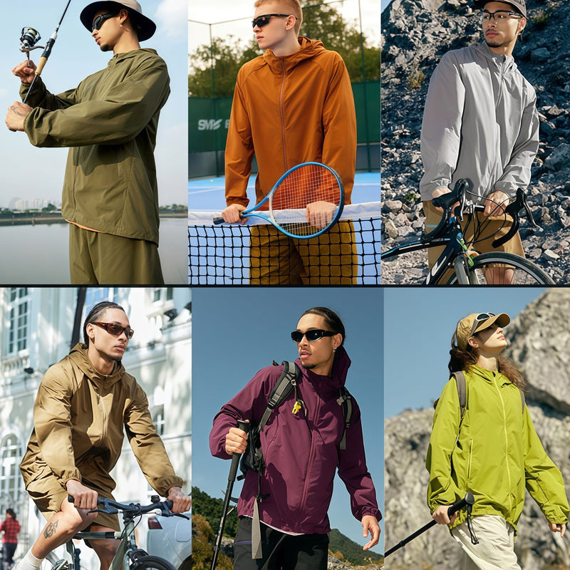 UPF50 coolmax crinkled sun protection jacket - coolmax sun jacket, six-scene activity collage, for hiking and trail walking