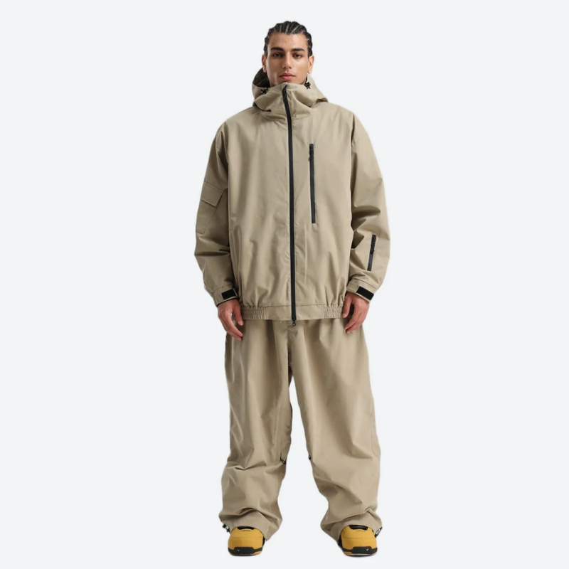 Unisex snowboard jacket and pants set - tan jacket with tan pants, for cold-weather winter sports