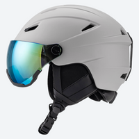 
                  
                    Ember lighter stronger snow helmet with mirror goggles - matte light gray snow helmet with mirror goggles, three-quarter view
                  
                