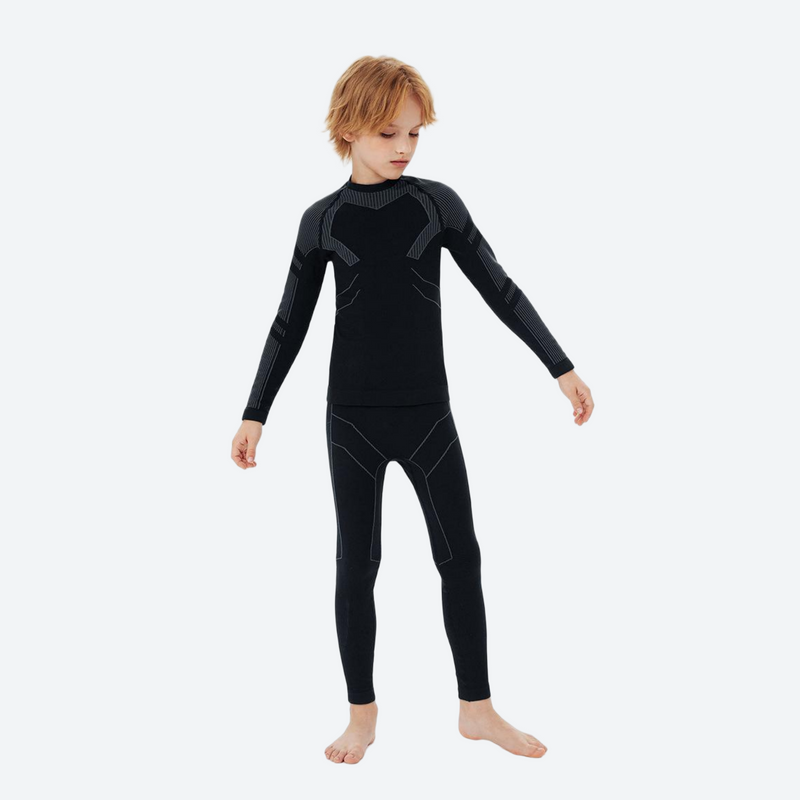 Kids' soft merino wool baselayer for cold days - black kids merino wool base layer suit, for kids skiing and snowboarding