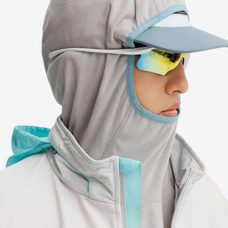 Breathable water-repellent camo softshell set - light gray, hood and face close-up with goggles, for hiking and travel