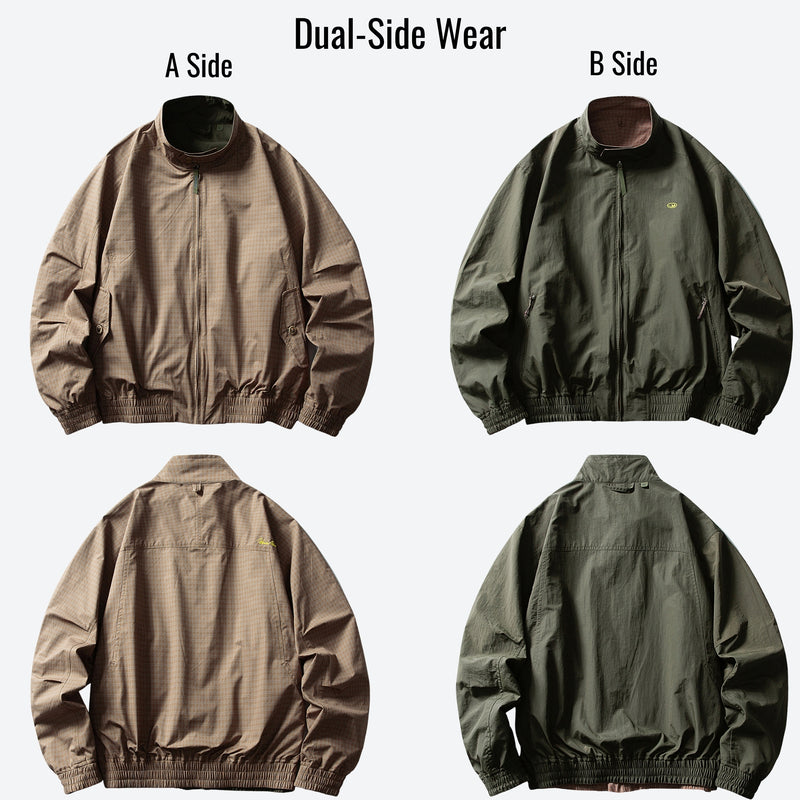 Breathable dual-side wear ski jacket with elastic hem - brown olive, for spring autumn and winter wear