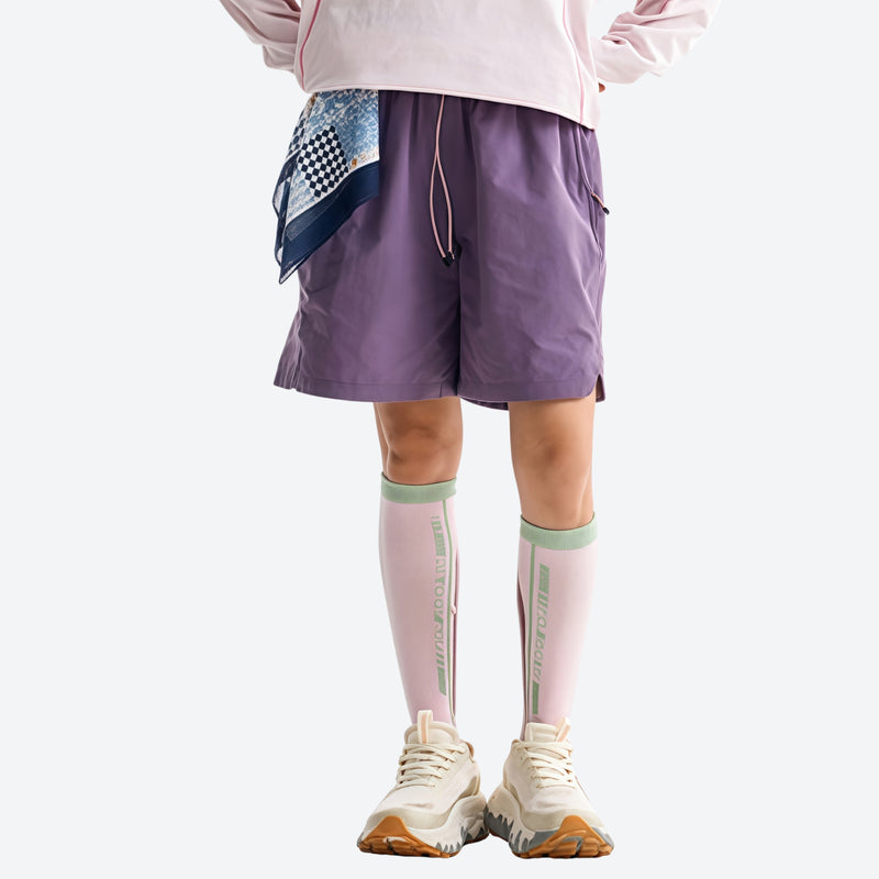 Breathable lightweight trail shorts - purple quick-dry shorts with scarf at waist, for cycling and outdoor weekends