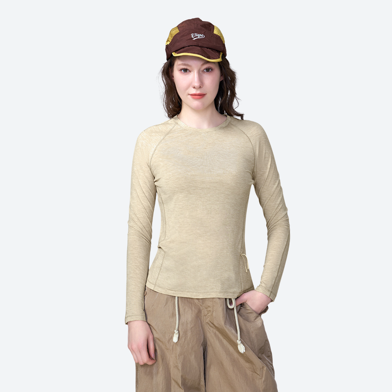 Women's breathable merino wool tee for outdoor - beige merino wool quick-dry long-sleeve with cap, front standing view