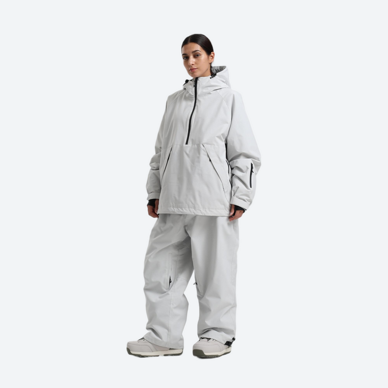 Women's 2-layer snowboard jacket and pants - light gray anorak jacket with white pants, for powder days and winter commute