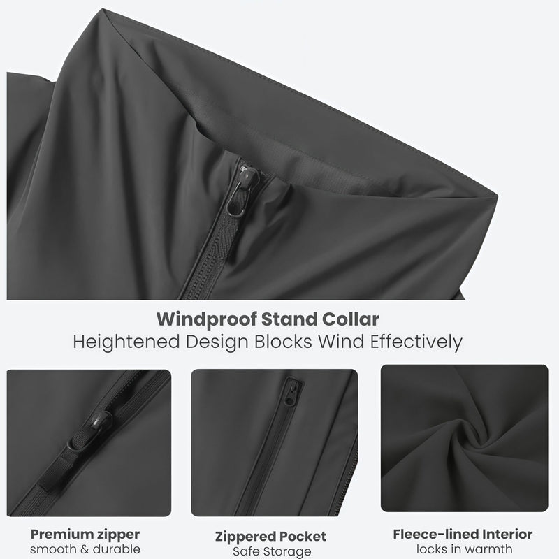 Women's lightweight fleece-lined softshell jacket - gray, stand collar feature infographic, for cold-weather outdoor wear