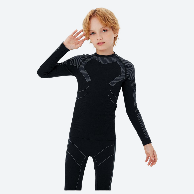 Kids' breathable pure merino wool top and pants set - black kids merino wool base layer suit, for layering under ski wear