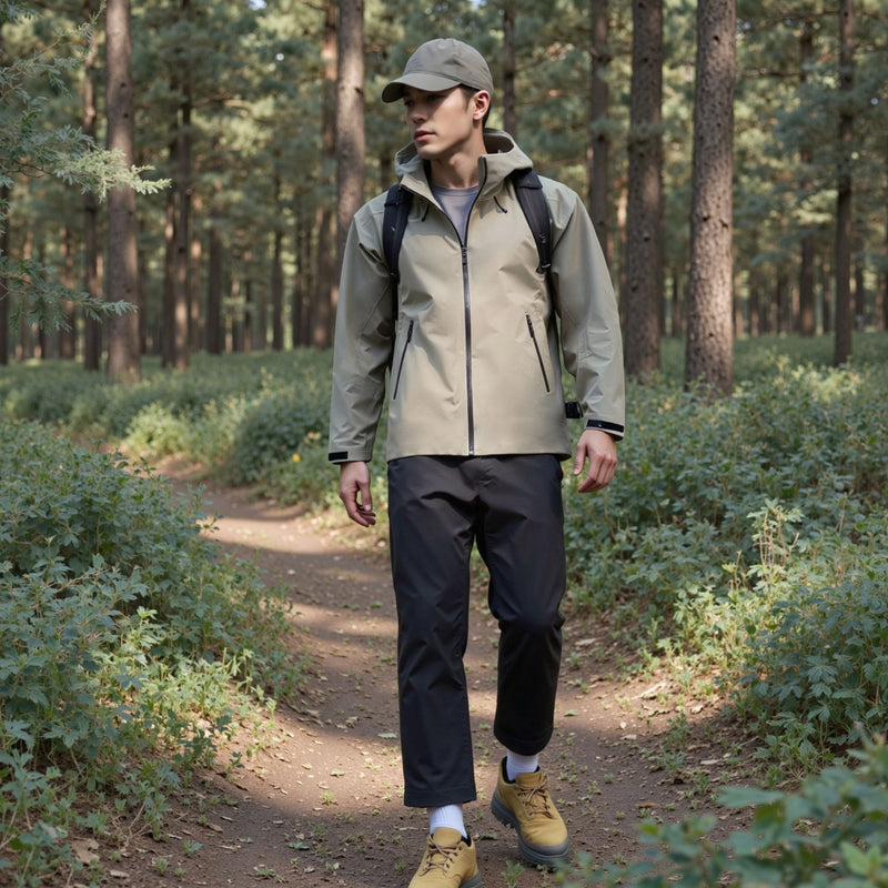 Men's waterproof hardshell rain jacket with vents - olive hardshell jacket, for hiking and trail walking