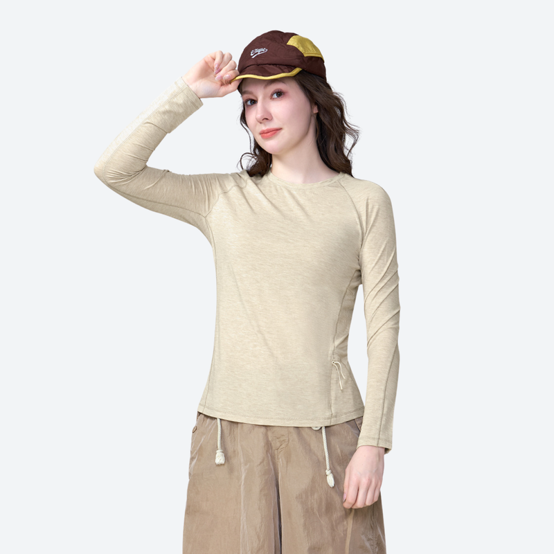 Women's merino wool quick-dry tee with side pocket - beige merino wool quick-dry long-sleeve with cap