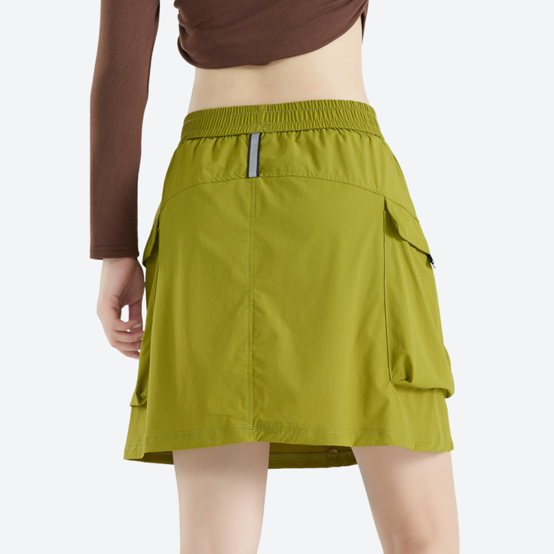 Women's cargo skort with elastic waistband - olive green cargo skort with built-in shorts, for warm-weather trekking