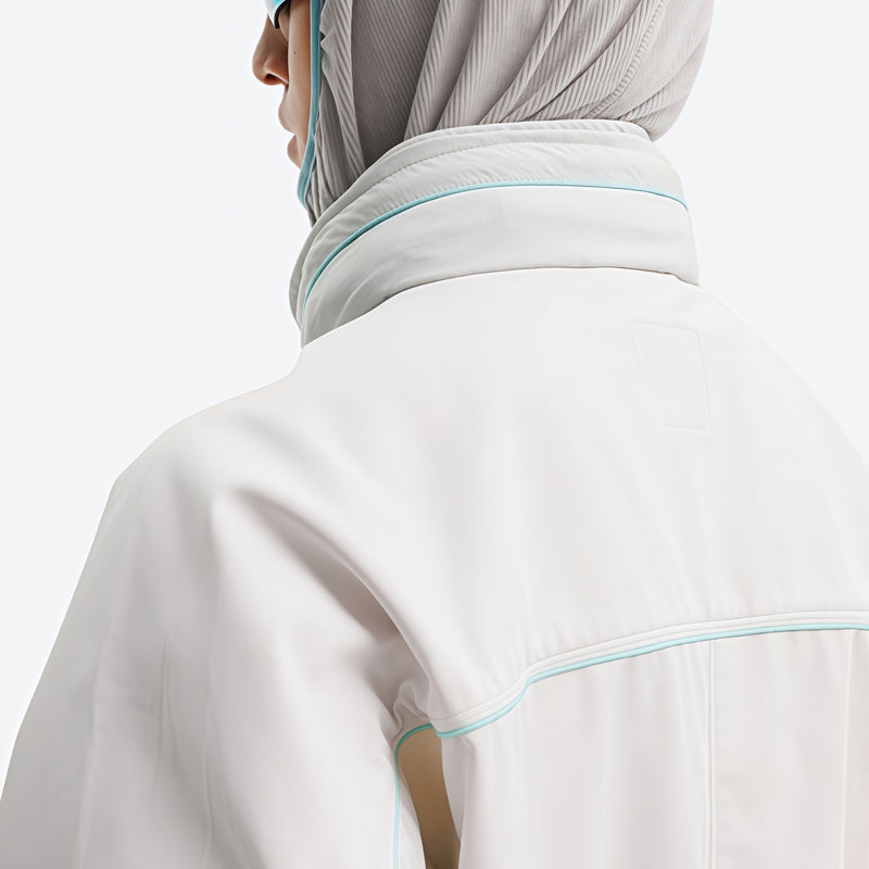 Unisex lightweight softshell outdoor pants - light gray, back hood close-up detail, for cold-weather outdoor wear