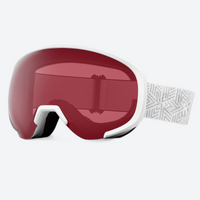 
                  
                    Ventilated spherical ski snow goggles - white frame red-maroon lens, front view, for ski touring and alpine runs
                  
                