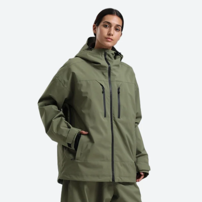 Women's breathable ski jacket with chest zip pockets - olive green jacket, for skiing and snowboarding