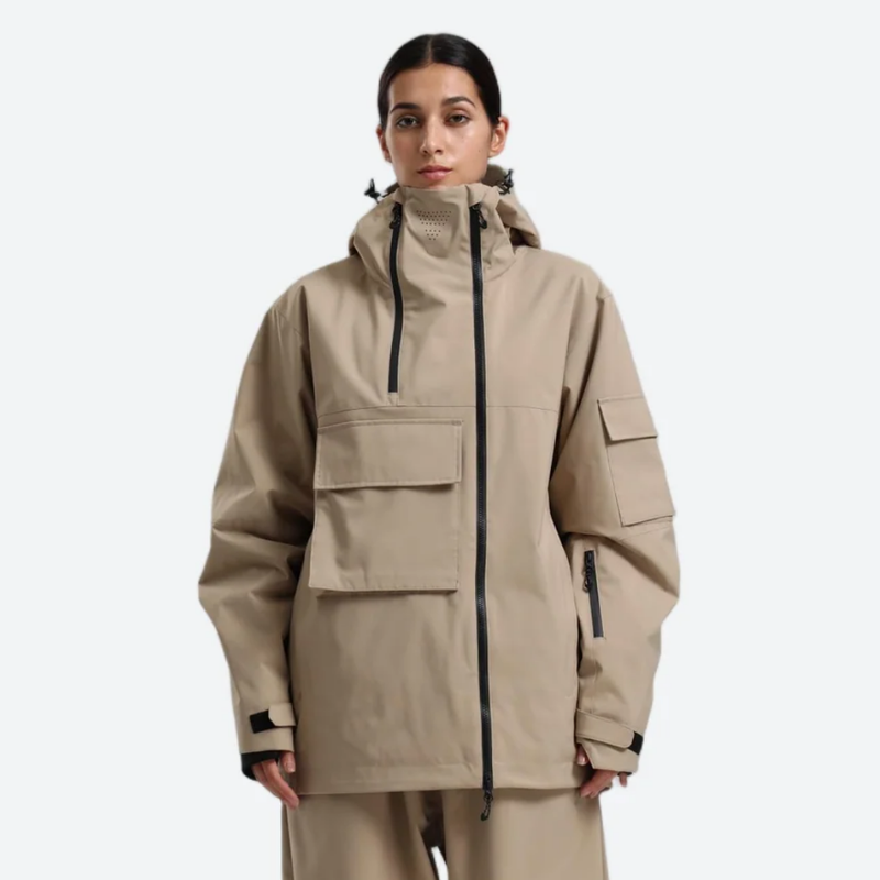 Women's breathable 2-layer snowboard jacket and pants - tan, on-model front view, for resort and street wear