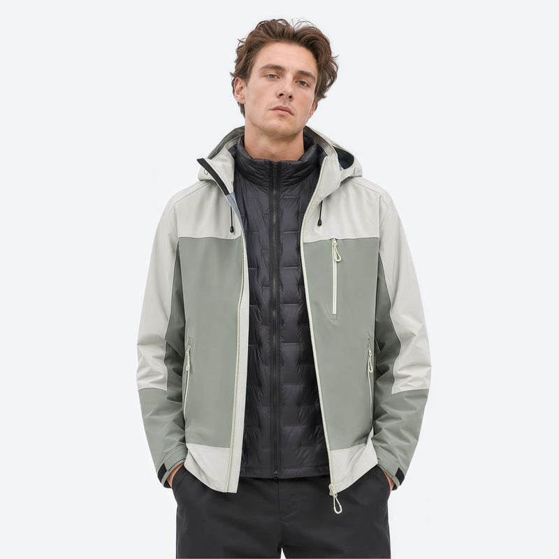 Breathable 3-layer shell with removable fleece liner - gray white colorblock jacket with fleece liner, for hiking and travel
