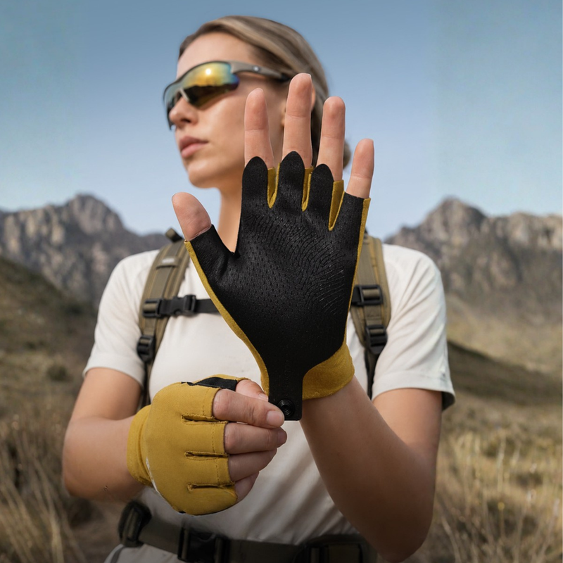 Merino wool hiking gloves breathable touchscreen - mustard merino wool half finger gloves, for hiking and trail walking