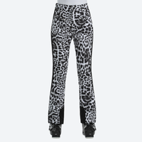 
                  
                    Women's slim waterproof ski trousers for resort - leopard print ski pants, front standing view, for resort ski days
                  
                