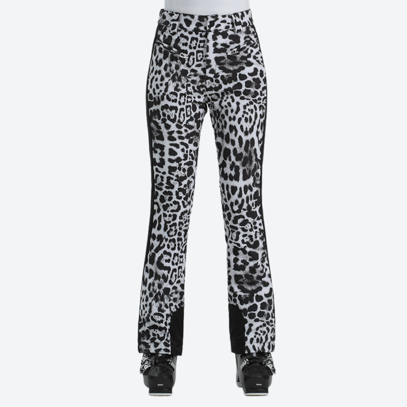 Women's slim waterproof ski trousers for resort - leopard print ski pants, front standing view, for resort ski days