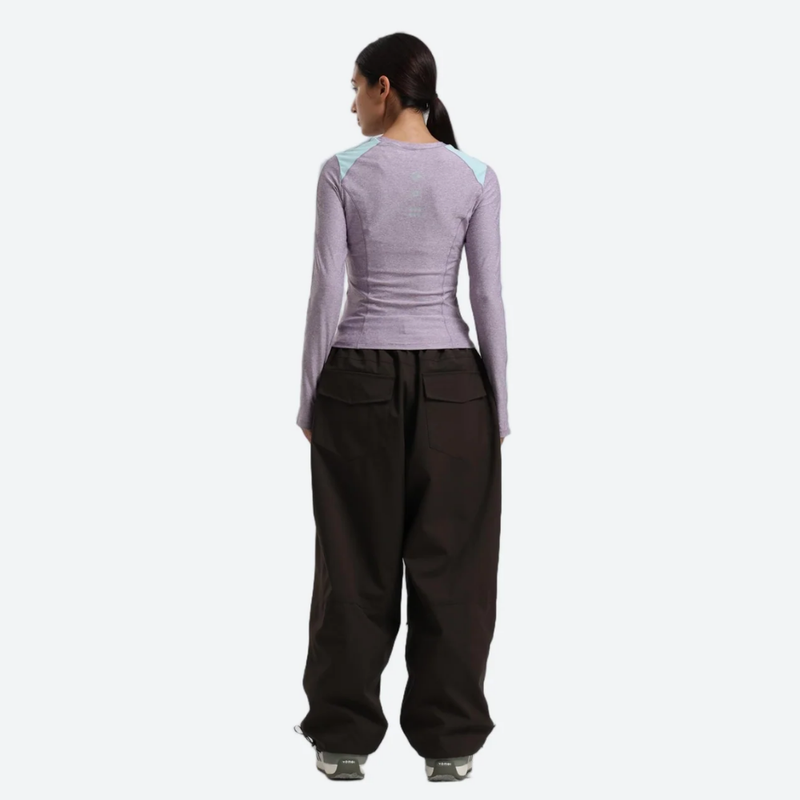 Women's colorblock ski jacket set - lavender base layer top with coffee brown snow pants, for skiing and snowboarding