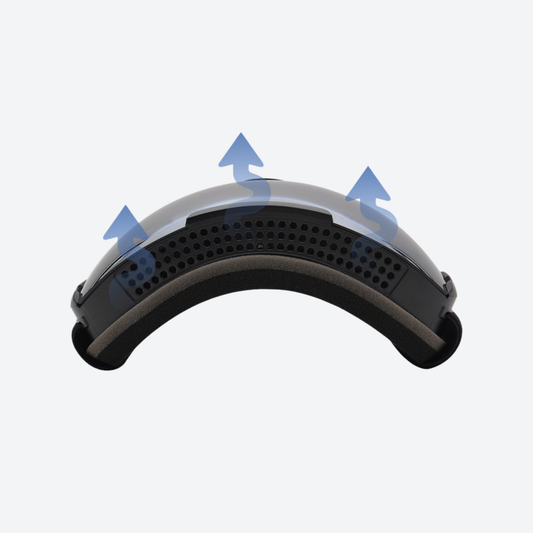 OTG spherical ski goggles - black frame top with airflow arrows, ventilation airflow diagram, for ski touring and alpine runs