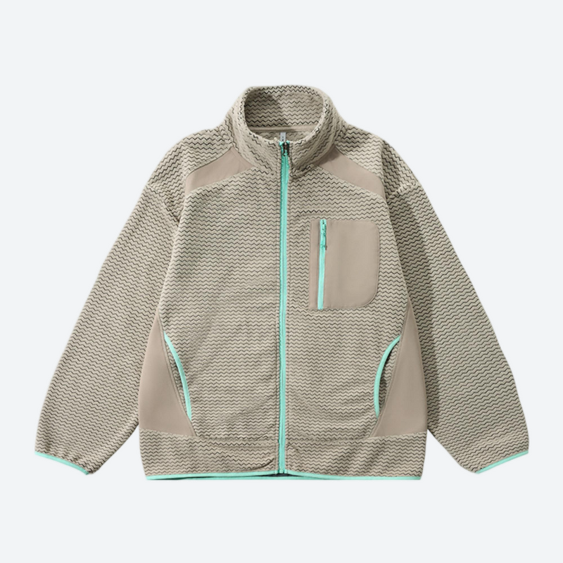 Unisex honeycomb texture fleece jacket - beige honeycomb fleece jacket with mint zip, for travel and daily commute