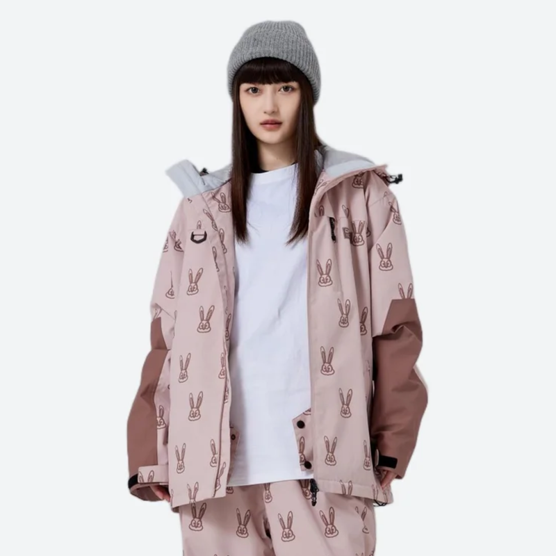 Women's 2-layer snowboard jacket and pants - pink brown rabbit print jacket with white tee, for resort and street wear
