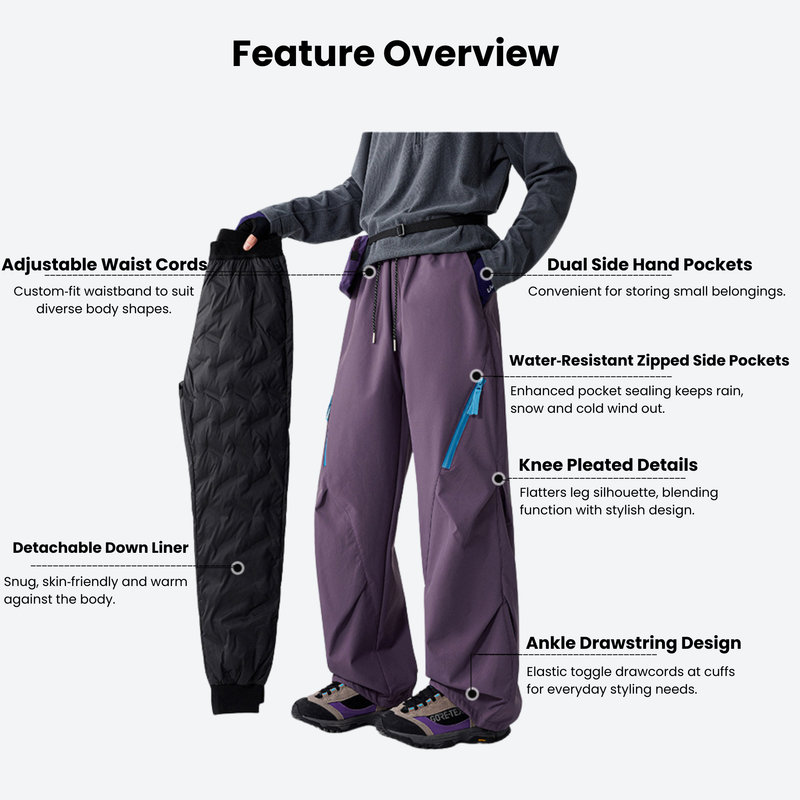 Unisex detachable liner insulated pants for winter - purple down pants with liner, for winter commute and travel